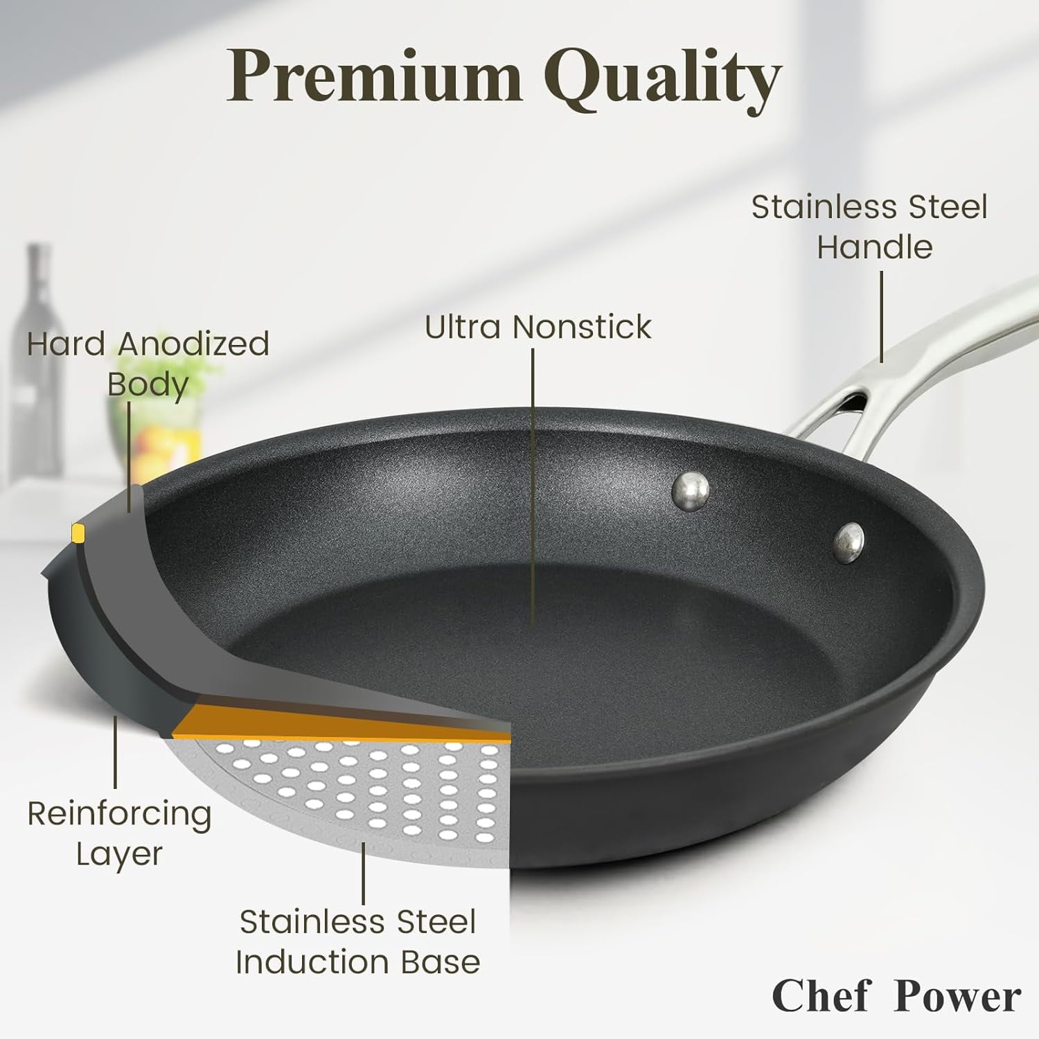 Chef Power 4 Pcs Pots and Pans Set, Hard Anodized Cookware Set, Nonstick Pan, Fit Induction, Oven, Dishwasher, Stainless Steel Handle, Essential (4 Pieces)