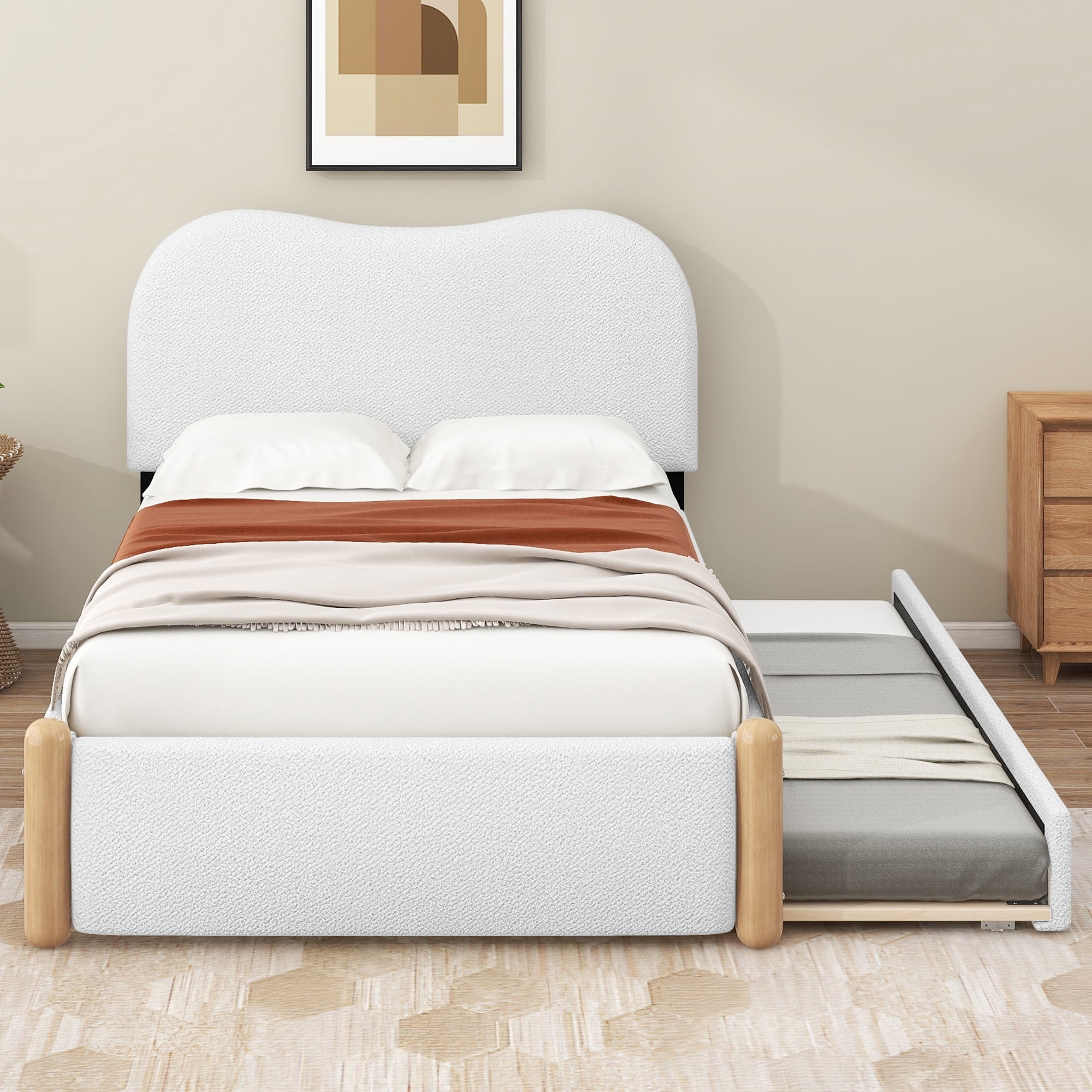 EUROCO Upholstery Twin Size Platform Bed with Trundle, Upholstered Headboard and Wood Support Legs for Kids Teens, White