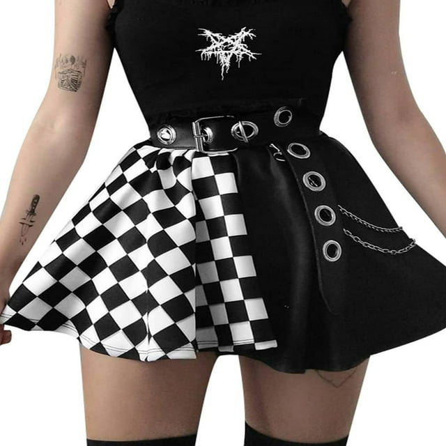 Jupe Patineuse Mini pour Femmes Taille Haute Imprimé Damier Jupe Évasée