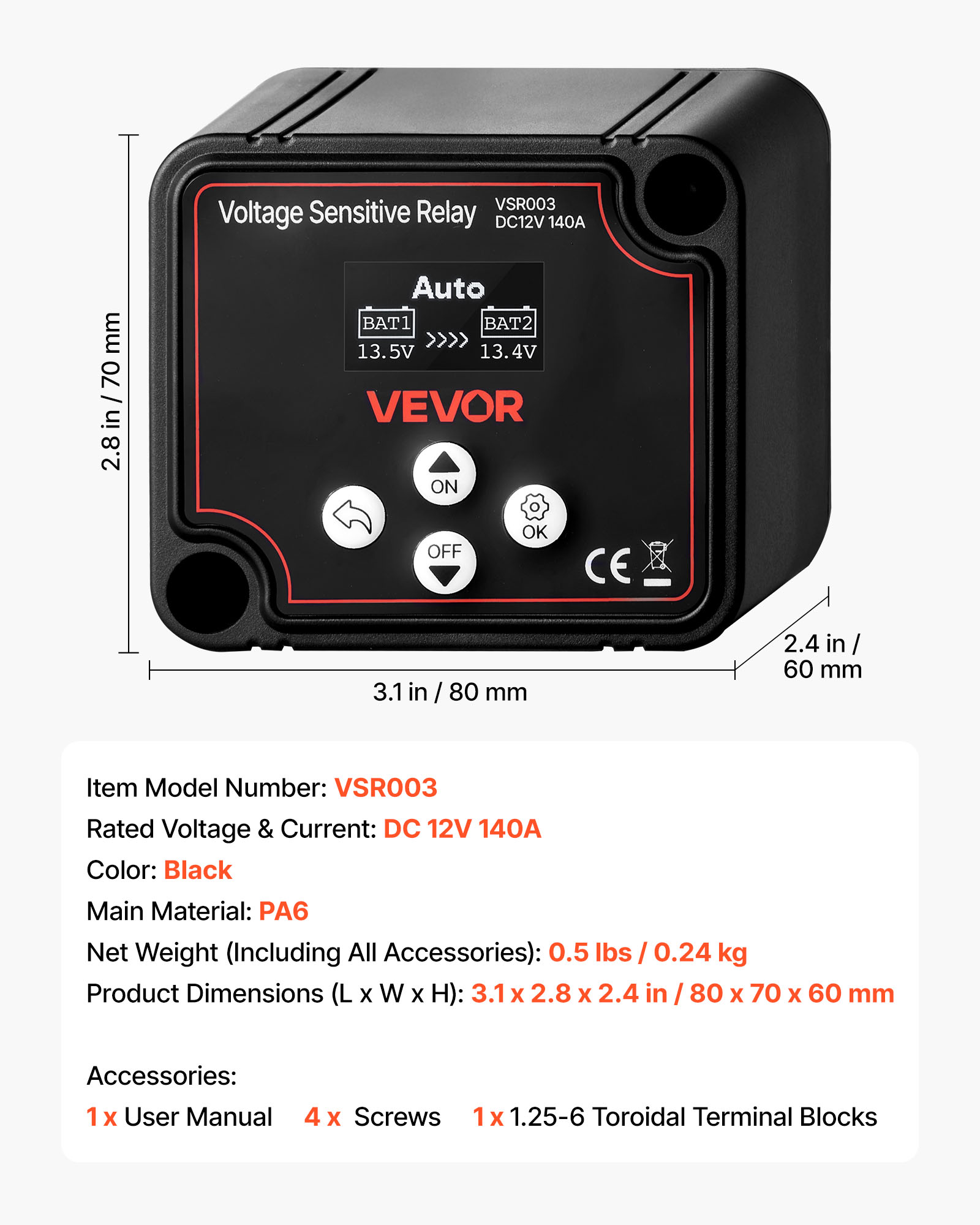 VEVOR Dual Battery Isolator, 12V 140 Amp, Manual and Automatic VSR Voltage Sensitive Relay with LCD Screen, Smart Battery Isolator for Lithium & Lead-Acid Batteries, for Car Truck RV UTV ATV Boat