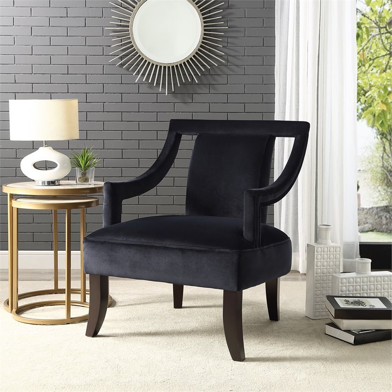 Brady Black Velvet Accent Chair Cut Out Shaped Back Elegant Arms