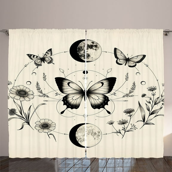 Ambesonne Boho Curtains 2 Panel Set, Medieval Esoteric Leafy Floral, 108" x 108", Eggshell Dark Grey