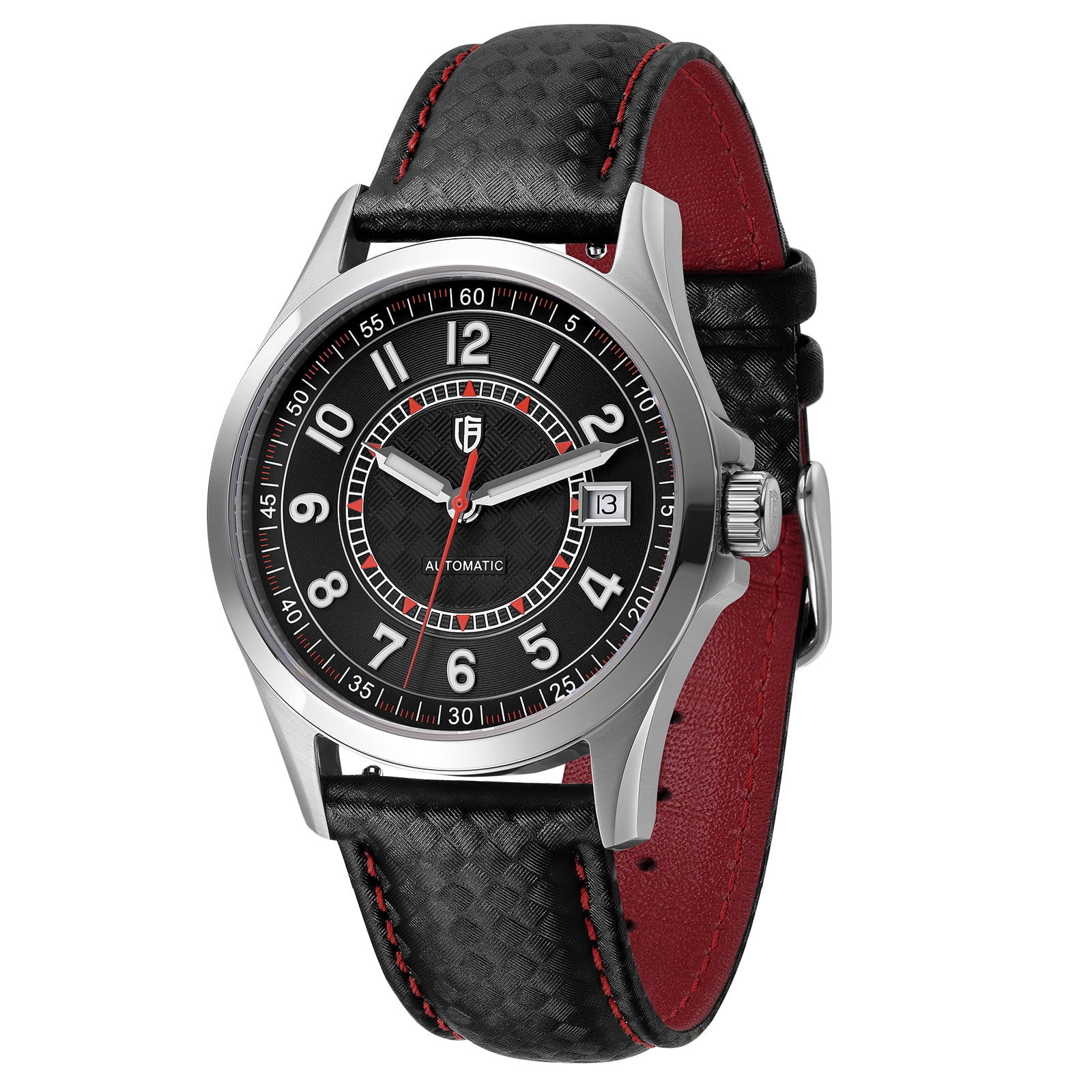 BERNY Men's Automatic Watch, Leather Strap Mechanical Watch with Date, Super Luminous, Sapphire Crystal, 10ATM Waterproof, Fashion Casual Wristwatch for Men (Red)