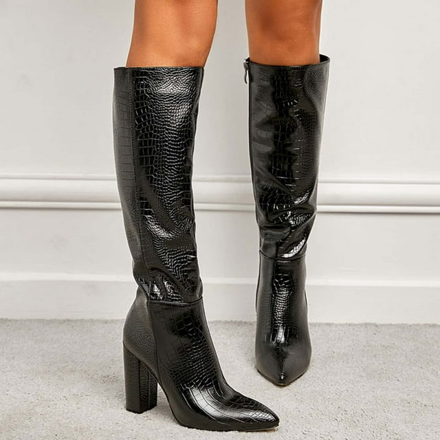 LSLJS Women's High-Heels Knee High Boots, Women's Fashion High-Heels Knee High Boots Chunky Heel Pointed Toe Side Zipper Boots, Women's Knee-High Boots