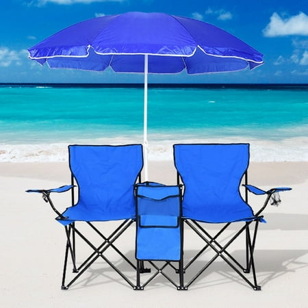 Clearance Camping Chairs Folding Chair With Umbrella And Table Cooler Portable Double Chair For Beach Camping Picnic Patio Pool Park Outdoor