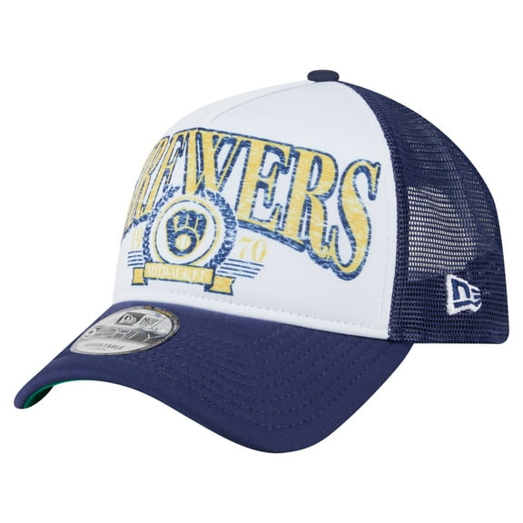 Men's New Era White Milwaukee Brewers Distressed 9FORTY A-Frame Adjustable Trucker Hat