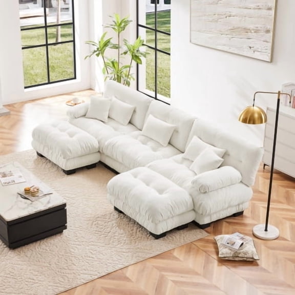 Oversized U-Shaped Modular Sectional Sofa, Deep Seat Cloud Couch with 2 Ottomans, Chenille Upholstered Living Room Sofa, Round Bolster Armrests, White