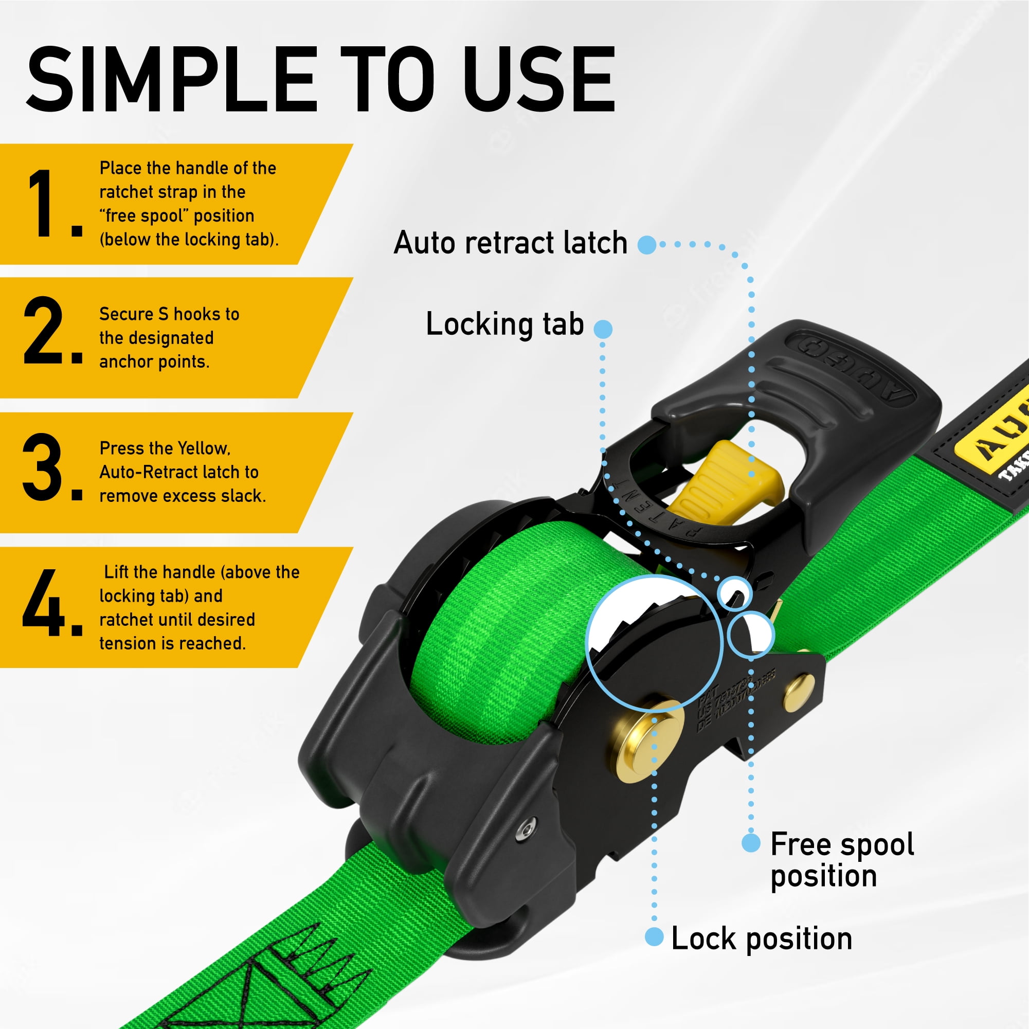 AUGO Retractable Ratchet Straps | 2 Heavy Duty Ratchet Straps Self Retractable Tie Down Straps with Soft Loops & Storage Bag for Motorcycle, Truck, Trailer, Cargo Van |1200 Lb Break Strength 1” x 10’