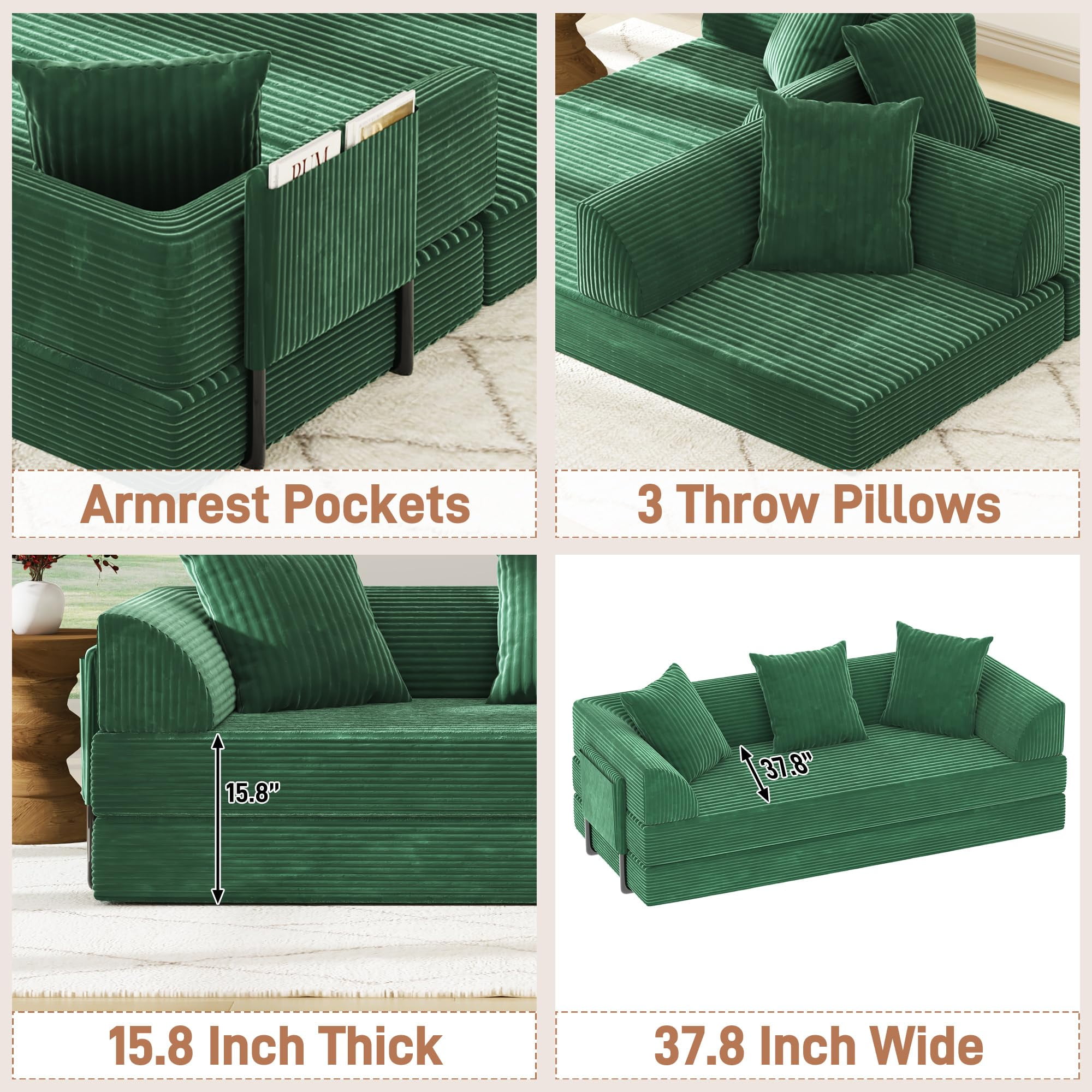 Blotout 5-in-1 Folding Convertible Sofa Bed with 3 Pillows, 79" Large Corduroy Boneless Couch with Armrest Pockets, Lounge Loveseat Sleeper with Pull Out Bed for Living Room Bedroom, Green