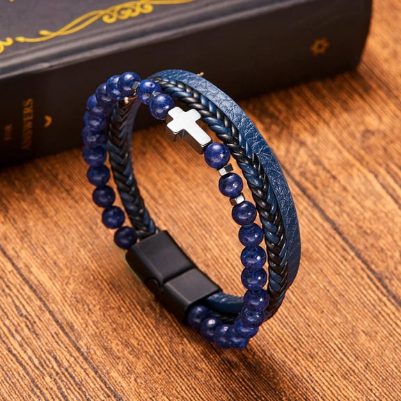 Vintage Men's Multi-Layered Hand Woven Bracelet Natural Stone Leather Men's Bracelet Leather Beaded Bracelet