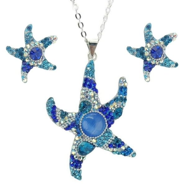Juego de aretes y cadena con dije con forma de Estrella de mar, plata mexicana ley .925, azul