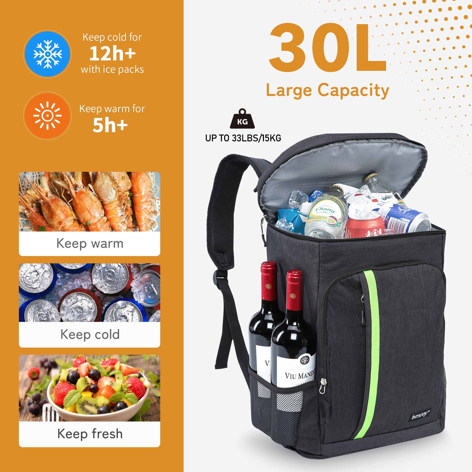 Besrey Cooler Backpack,30L Soft Lightweight Leakproof Cooler Backpack,Insulated Cooler Bag,Portable Soft Cooler Bag Waterproof for Beach, Travel, Camping,Black