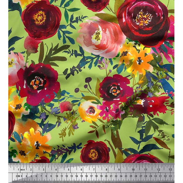 Soimoi Green polyester Crepe Fabric Leaves & Pink Floral Print Sewing Fabric BTY 52 Inch Wide