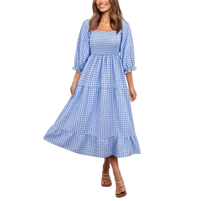 Pudcoco Women's Boho Flowy Dress Puff Sleeve Off The Shoulder Plaid Ruffle  Midi Dress Wedding Guest Dresses Black S/M/L/XL