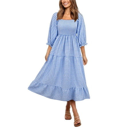 

wdehow Women Summer Bohemian Dress Adults Off-shoulder Smocked Puff Sleeve Plaid One-piece