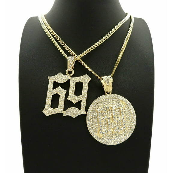 Hip Hop Rapper Style Iced Gold Plated 69 Pendant & 4mm 20" 24" Brass Cuban Chain 2 Necklace set