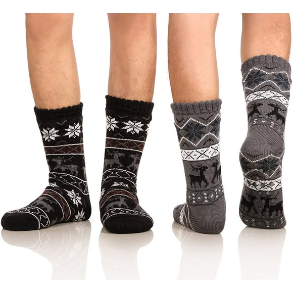 Men's Winter Thermal Fleece Lining Knit Slipper Socks Skid Fuzzy Warm Indoor Home Socks 2 Pairs