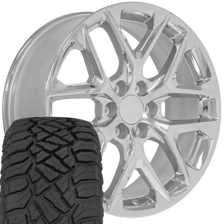 OE Wheels CV62 22 Inch Rims and Tires Fit Silverado 1500 Style 6x139.7 22x9 Chrome - Hollander 14078 - TerraMax RT 285/45-22 (Set of 4)