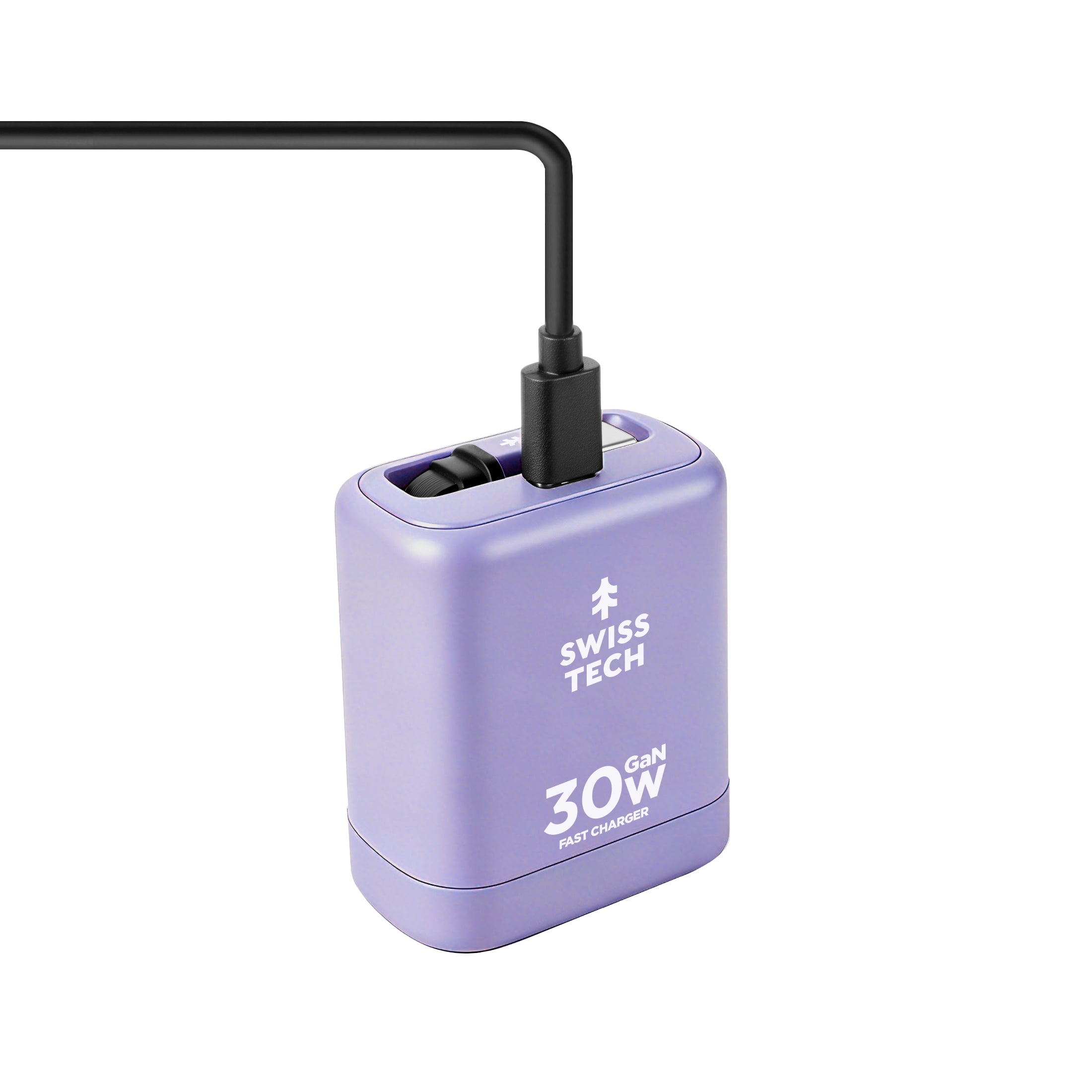 Swiss Tech Mussen 30W USB-C Wall Charger with Retractable Cable, Fast PD Charging, Myrtle Purple
