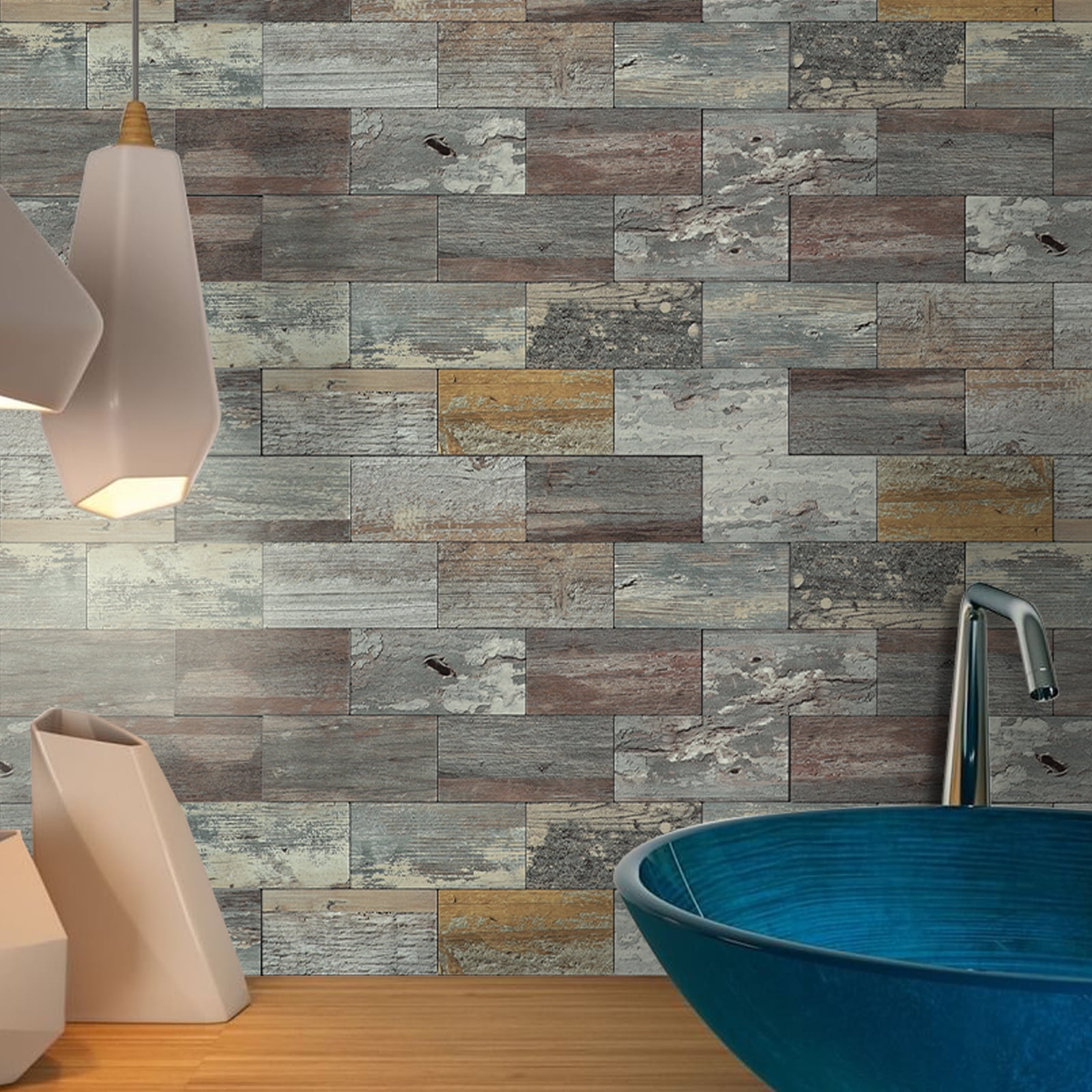 12-Sheet Subway Tile Peel and Stick Backsplash, 11.8" x 11.8" Self Adhesive PVC Wall Tiles for Kitchen Fireplace (Vintage Wood Grain)