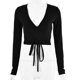 thumbnail image 5 of TRKIYQC, camiseta Sexy de manga larga sólida para mujer, Tops cortos sólidos, camisetas de moda para mujer, camisetas ajustadas con cordones frontales en V profundo TRKIYQC moderno, 5 of 9