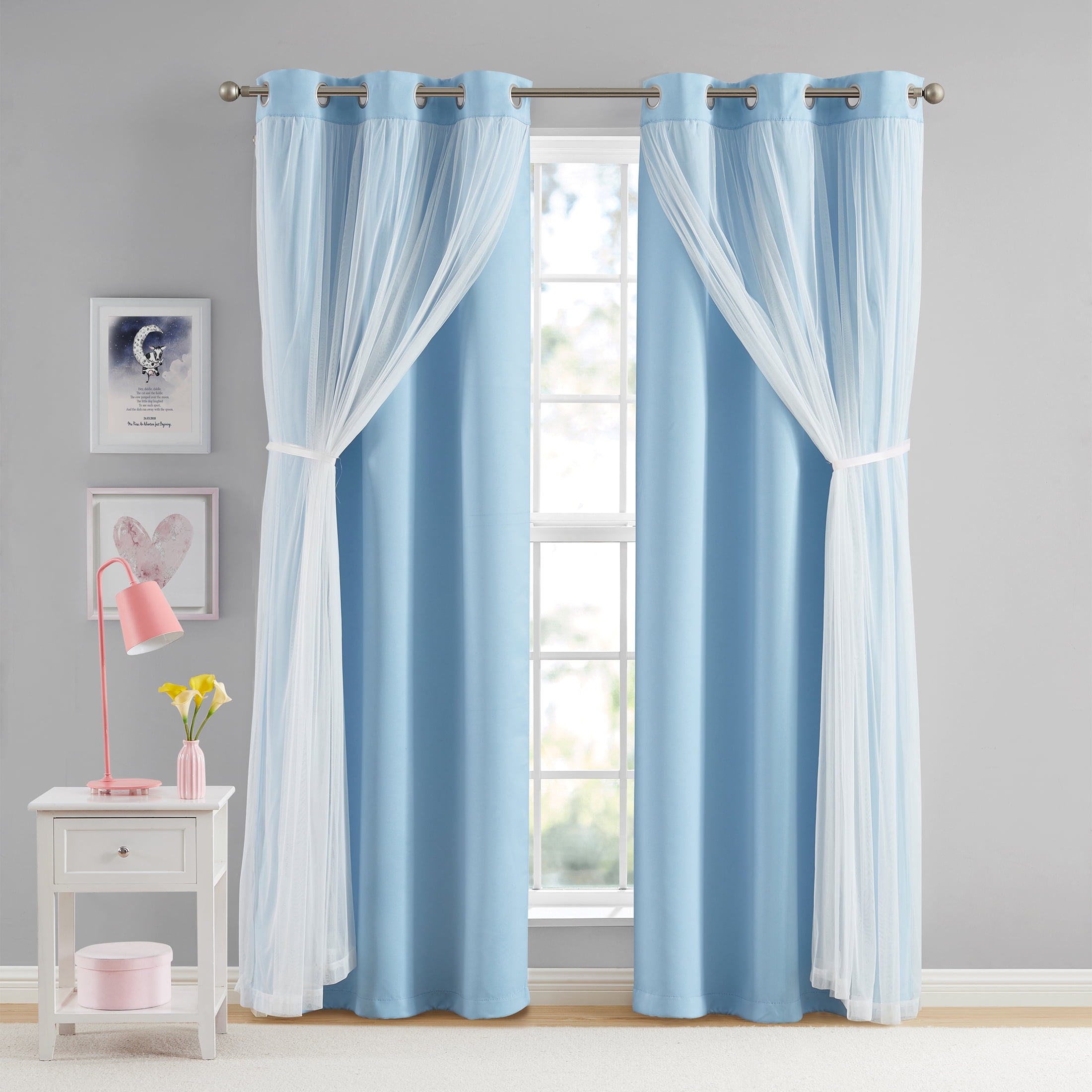 Your Zone Blackout Curtain Panel with Sheer Overlay, 1 Panel, Blue, 37" W x 95" L