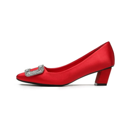 Spring and Autumn New RV Shallow Mouth Square Thick Heel High Heels Silk Satin Flat Mid Heel Square Buckle Rhinestone Shoes for Women