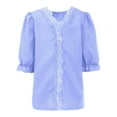 thumbnail image 4 of XXWXYD Girls Lace Trim Blouse, Elegant Puff Sleeve Hollow Out Shirt, Summer Casual V Neck Loose Fit Trendy Tops, 4 of 9