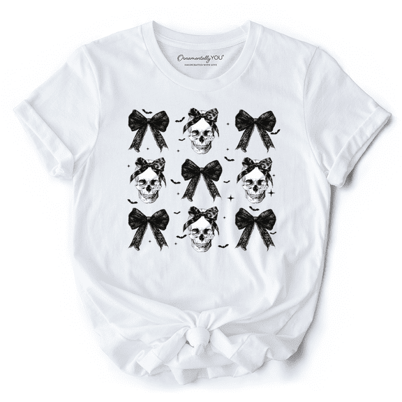 Coquette Skulls and Bows T-Shirt, Gothic Halloween Tee for Stylish Women