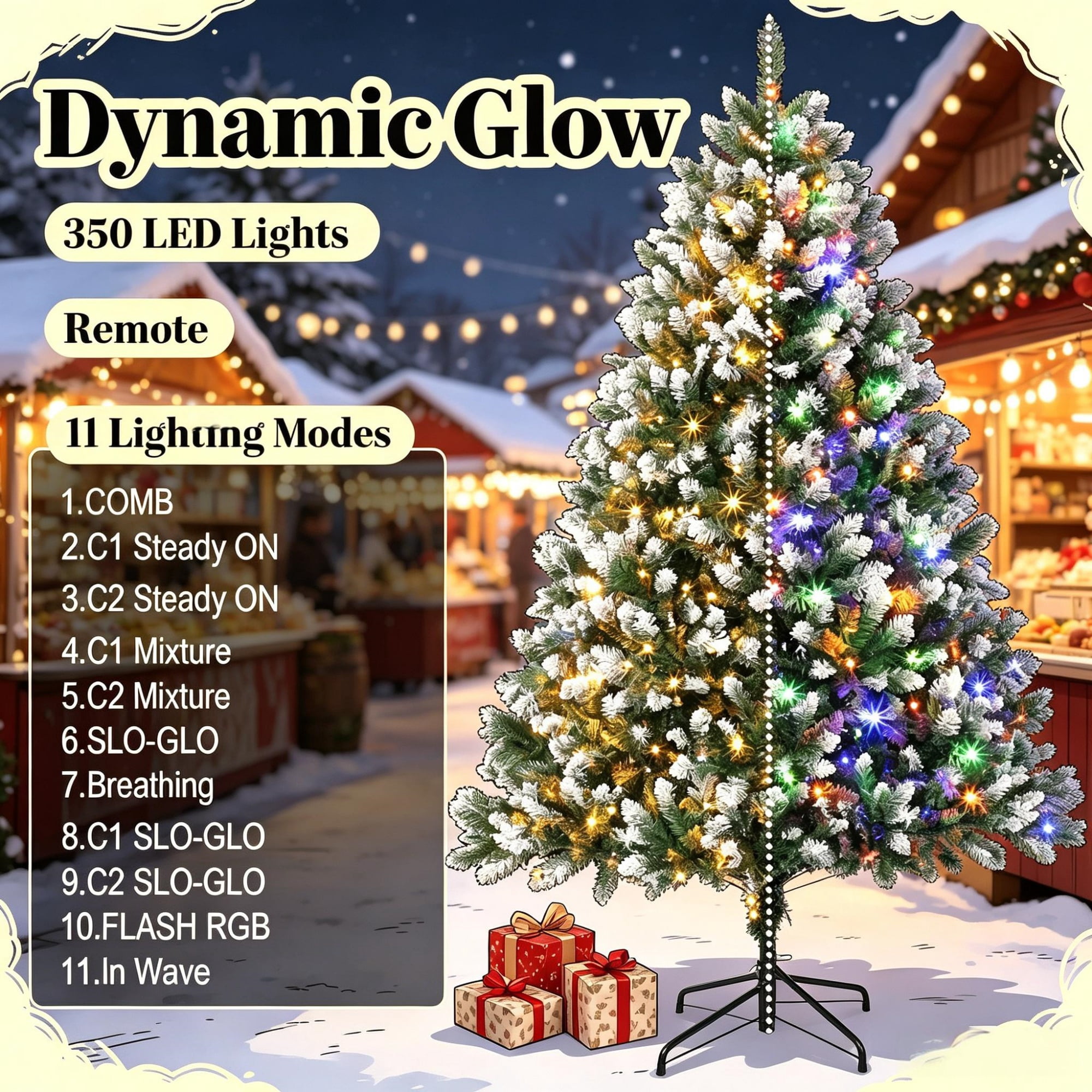 Pre-Lit Artificial Christmas Tree with Hinged Branches, 6 ft, 1020 PVC Tips, 350 Dual-Color LED Lights, Remote Control, Metal Base