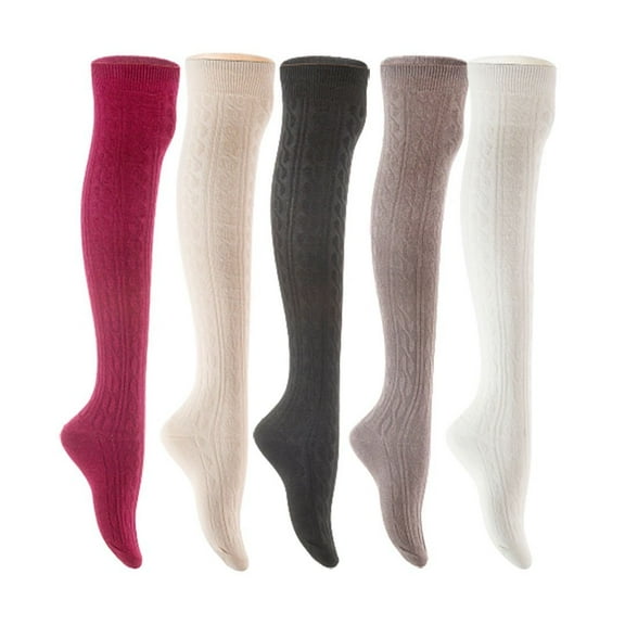 Lian LifeStyle Women's 5 Pair Adorable Comfortable Soft Thigh High Over Knee High Cotton Socks Size 6-9 L1024 Wine,Cream,Black,Dark Grey,White