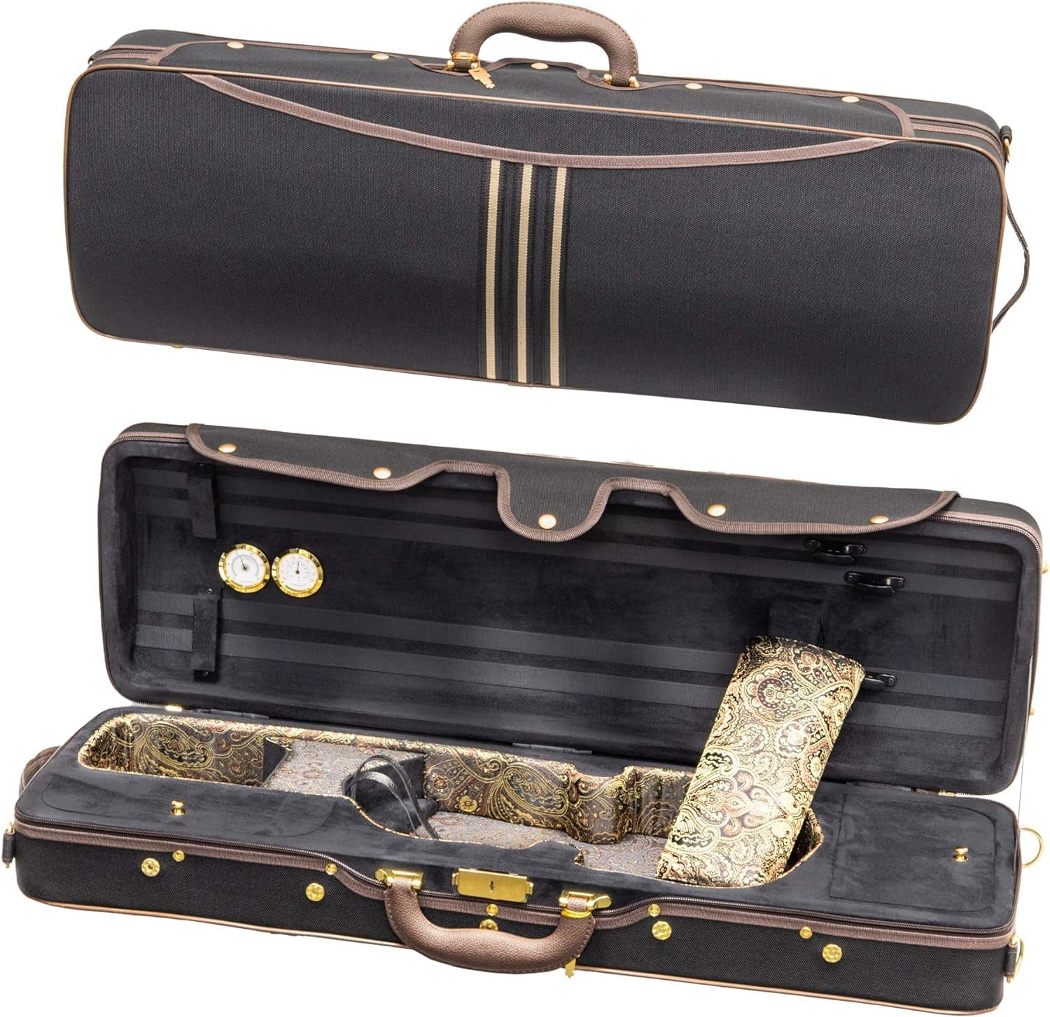 MI&VI NF-9001CC Maestro Hard-Shell Violin Case 4/4 (Full Size) Polishing Cloth Included | Luxury Silk Interior | High-Density | Adjustable Straps | Hygrometer | Thermometer (Black)