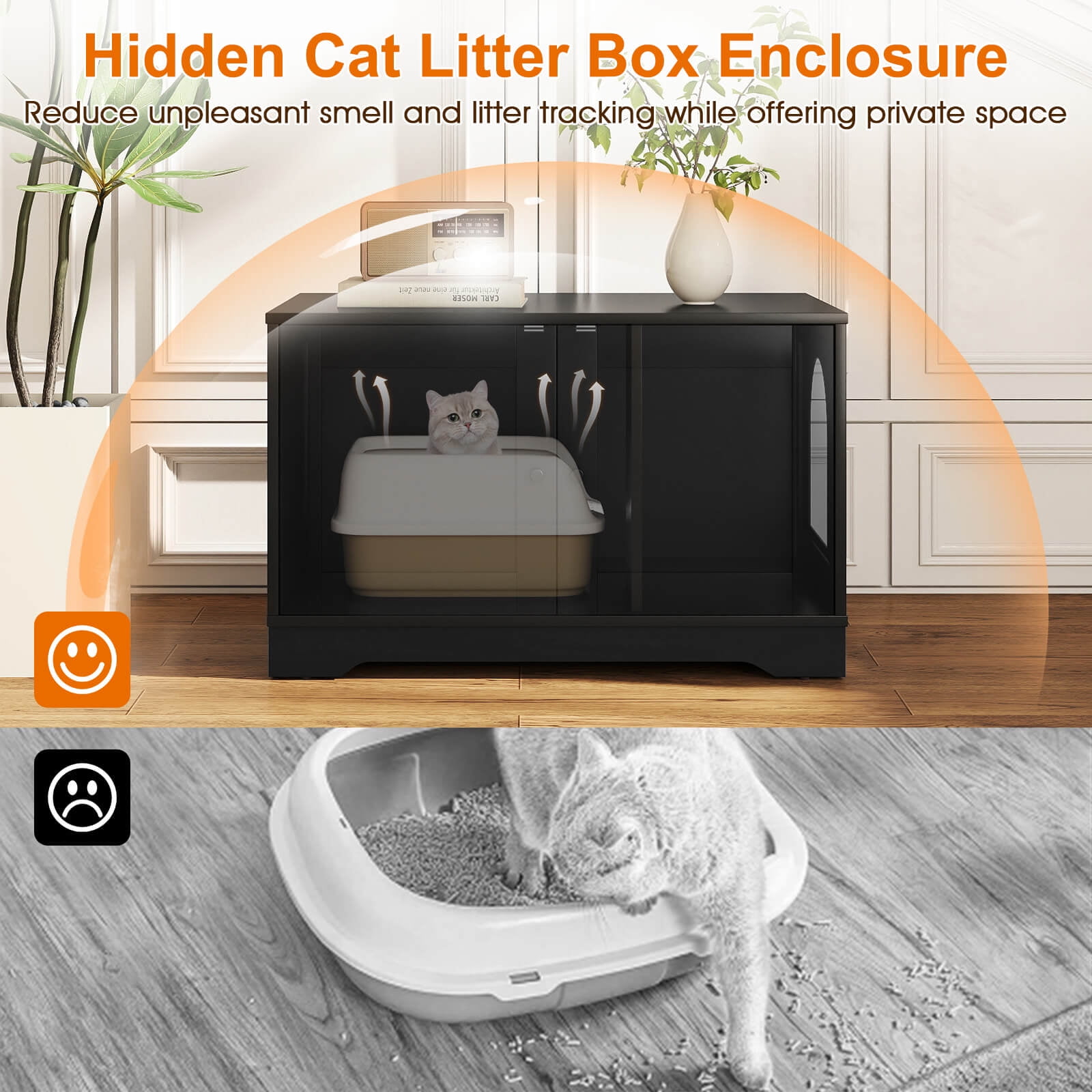 Costway Cat Litter Box Enclosure Furniture with Double Doors Divider Side Entry for Cats Black