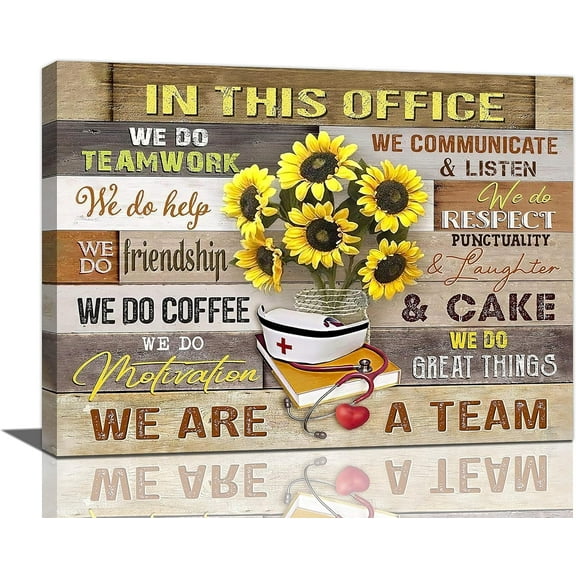 In This Office Nurse Wall Art Inspirational Quotes Therapist Medical Teamwork Nursing Gifts Sunflower Pictures Wall Decor We Are A Team Canvas Painting Prints Decorations Framed for School 16"x12"