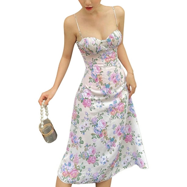 VISgogo Vestido de tirantes para mujer, vestido midi de verano con estampado de flores de corte bajo y tirantes finos para fiestas y vacaciones VISgogo moda