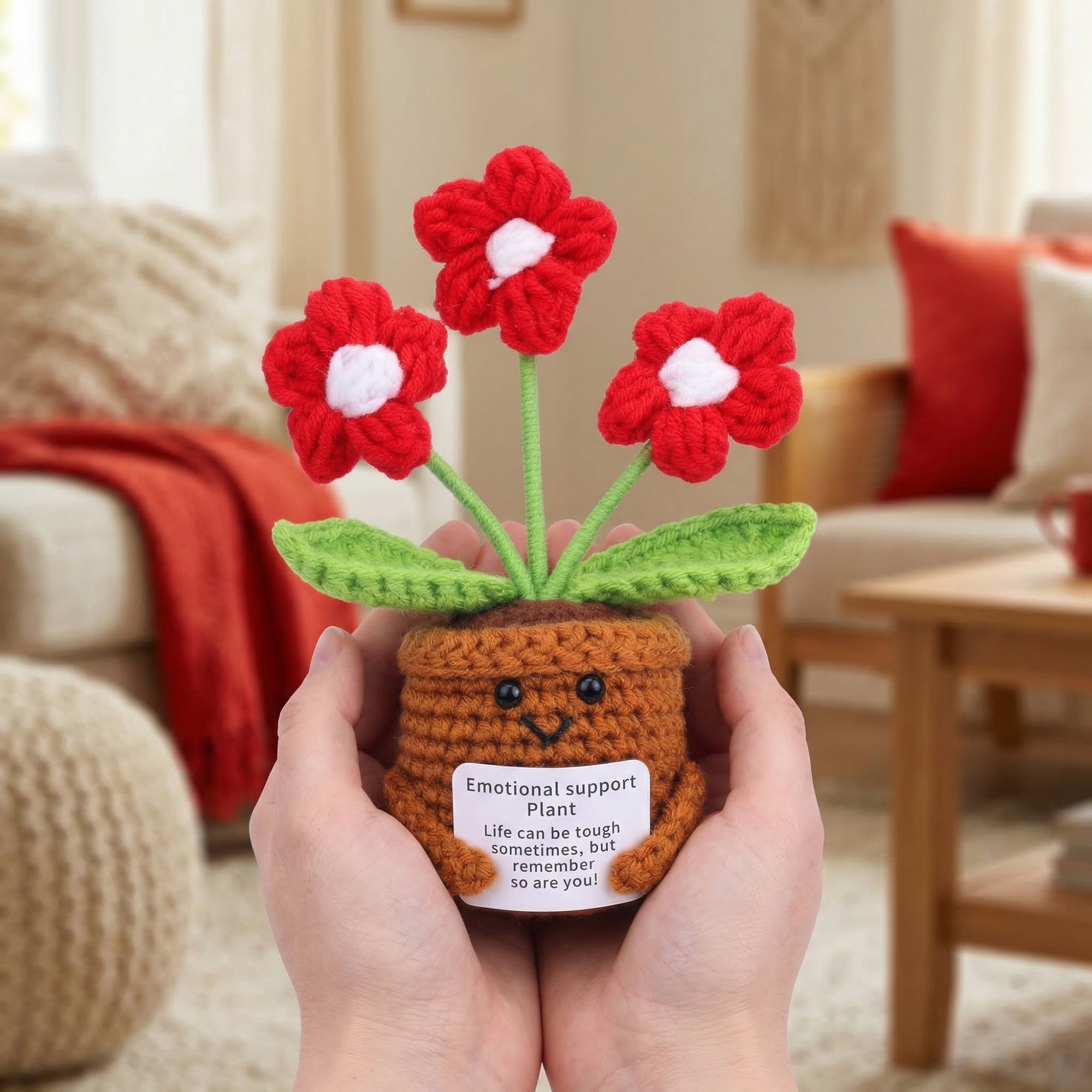 Unique Bargains 2Pcs Handmade Crochet Potted Knitted Plant Small Yellow Flowers Red 4.3in