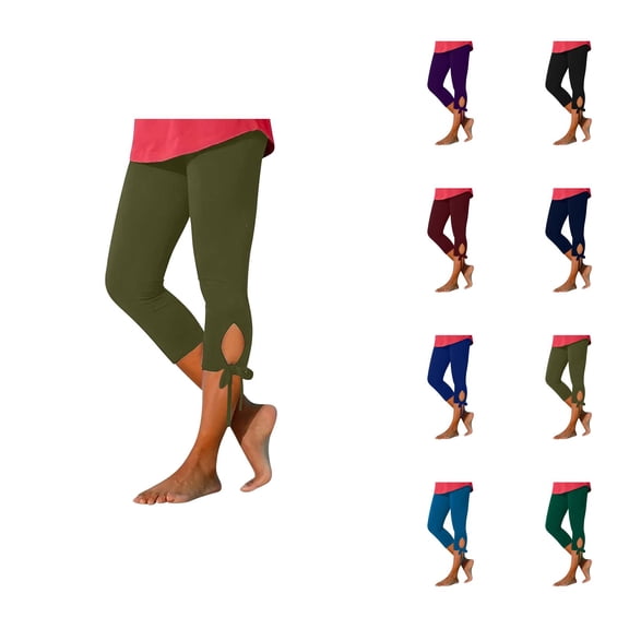 Capri Leggings for Women Summer Casual Elastic High Waist Hollow out Tie Hem Workout Yoga Cropped Capris Pants