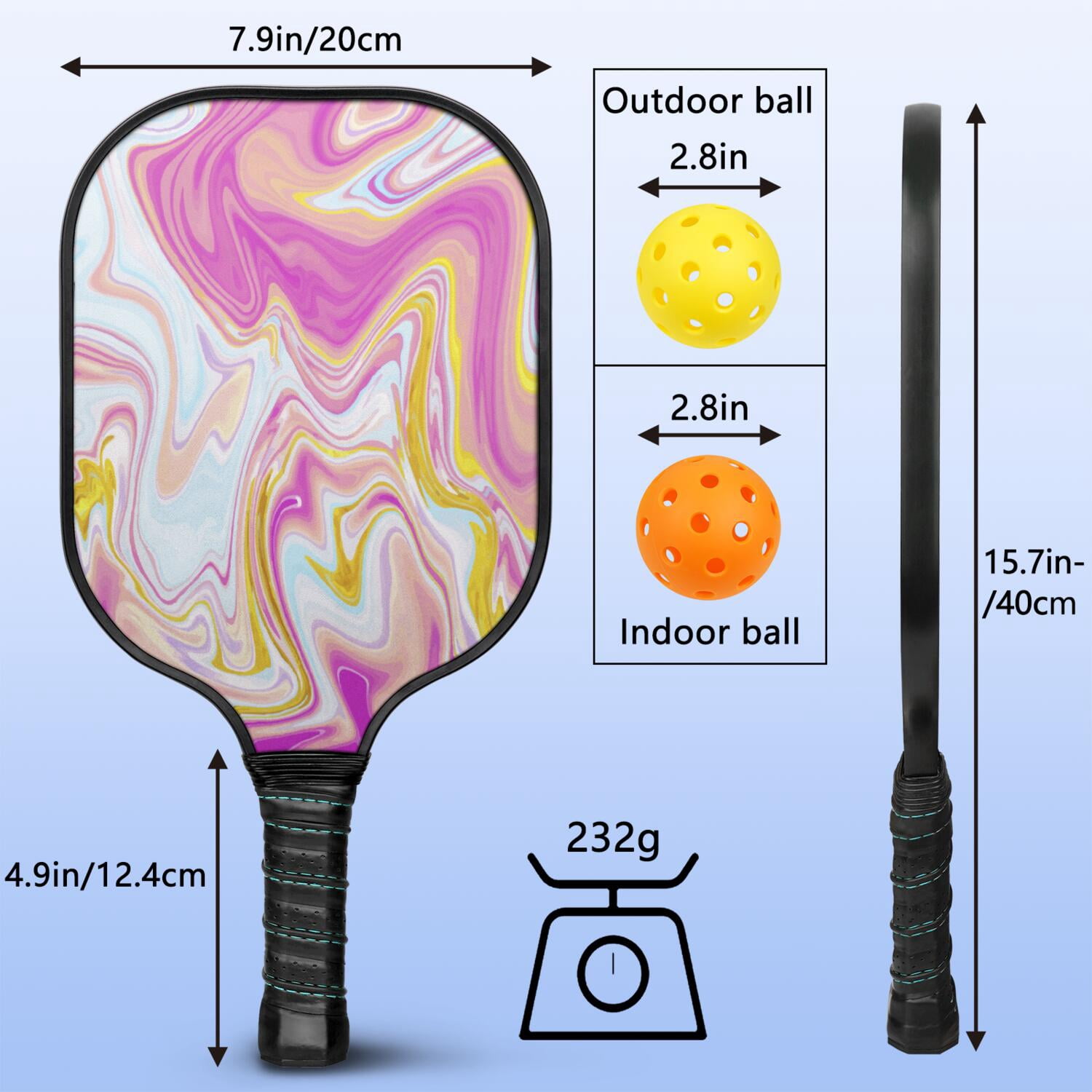 Pickleball Paddles Set Of 1, Fiberglass Surface, Liquid & Marble Print, 1 Paddles, 2 Balls & Bag