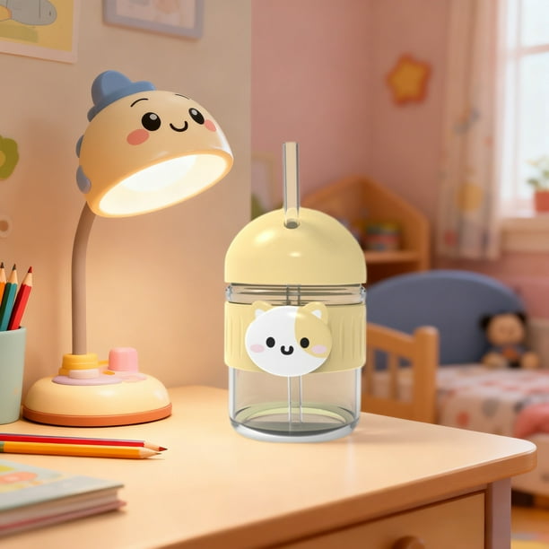 Vaso de vidrio en existencia, vaso para beber para niños con dibujos animados, vaso con pajita, vaso grueso para el hogar, vaso de agua al por mayor de alto valor