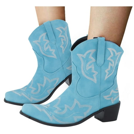 

Cowboy Mid Calf Boots for Women Retro Leather Embroidered Booties Pointed Toe Square Heel Boots Womens Mid Calf Boots