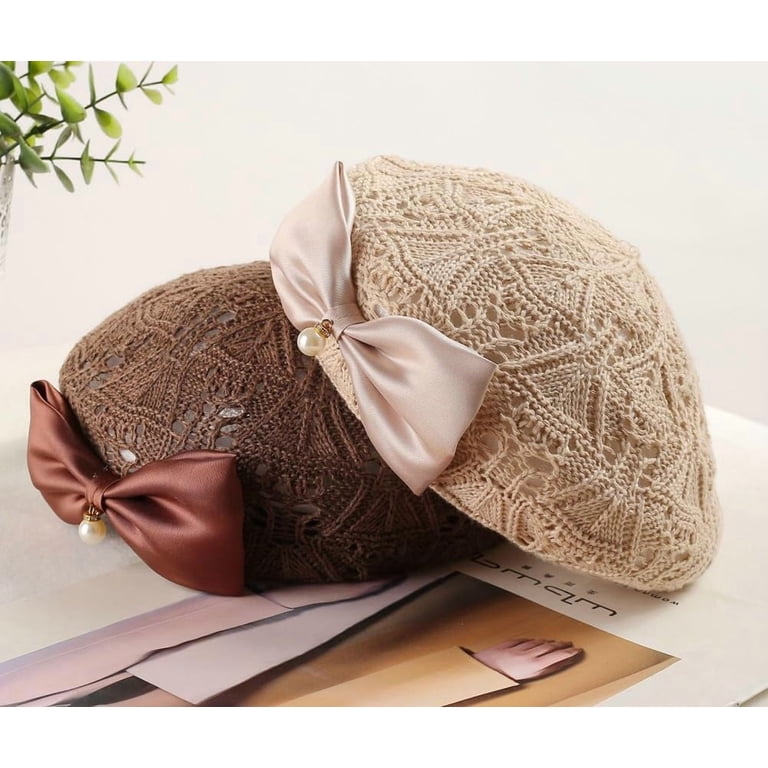 Women Beret Hat Trendy Bow Pearl Woven Beret Summer Hollow  display picture 1