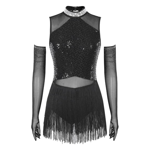 SiiRoh Modern Dance Dress Shiny Sequins Fringe Latin Jazz Tango Salsa Dance Leotard Bodysuit with Gloves Set Black M