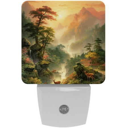 

2-Pin Plug into Wall [2 Pack] Sunset Mountain Deer Decorative Night Light with Auto Dusk to Dawn Sensor Square LED 0.5W Plastic Night Light