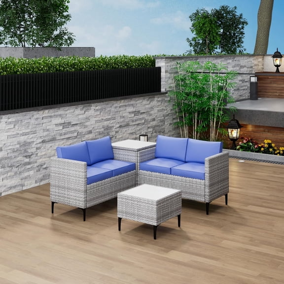 All-Weather PE Rattan Patio Sofa Set 4-Piece Sectional Conversation Set with Loveseat & Storage Coffee Table, Outdoor Wicker Seating for Garden Backyard – Gray Blue