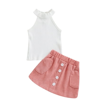 

Vigorbear 2PCS Toddler Baby Girls Spring Summer Outfits Halter Sleeveless Tank Tops + Button Corduroy Skirt Set