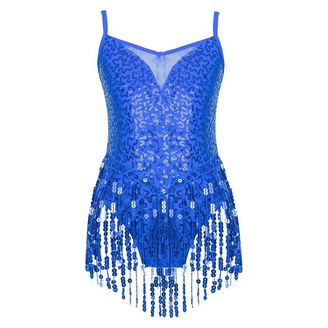 TiaoBug Robe de Danse Latine à Sequins Ourlet à Franges Justaucorps Rumba Samba Salsa Jazz Robes Bleu Royal 14