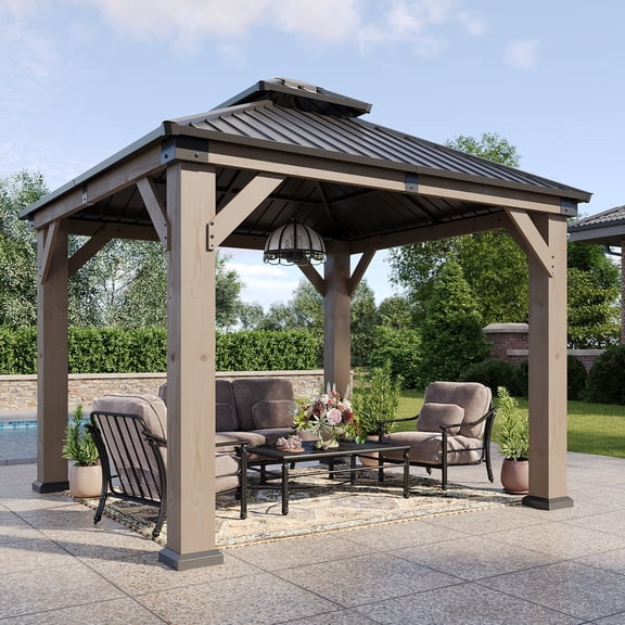 Sunmthink 10' x 10' Outdoor Wood Gazebo, Hardtop Gazebo Permanent Wooden Pavilion with Galvanized Steel Double Roof, for Patio, Garden, Deck, Cedar Wood