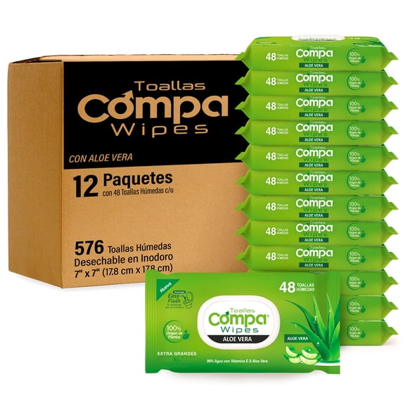 Compa Wipes Toallas Húmedas Desechables, (El Nuevo Papel Higiénico Húmedo), Apto para Desechar en el Inodoro, Hipoalergénicas, Fragancia a Aloe Vera, Hechas con Fibras Naturales