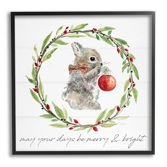 Stupell Industries Merry & Bright Bunny Wreath Graphic Art Black Framed Art Print Wall Art, Design by Livi Finn