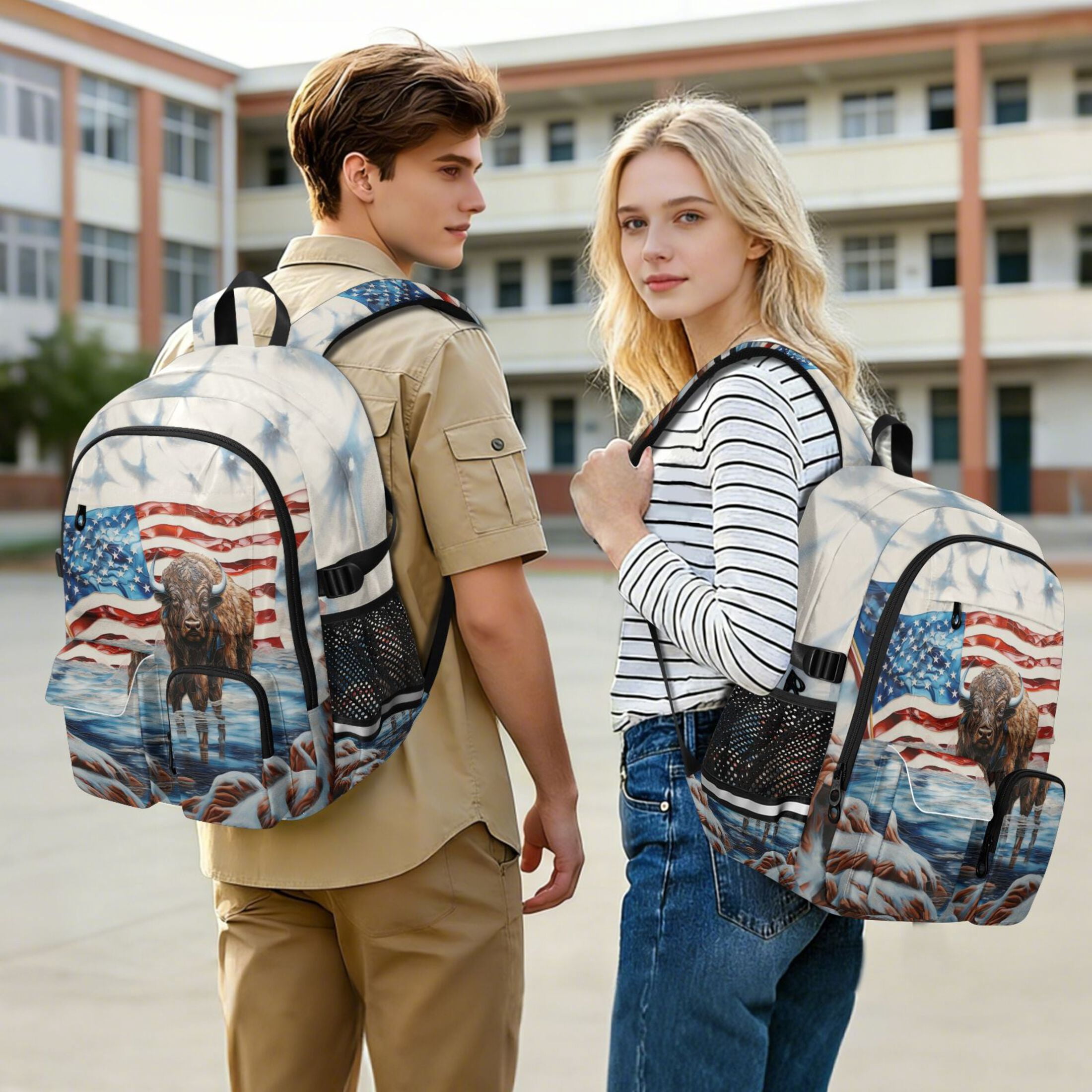 ALAZA Highland Cow America Flag Print Student Backpack School Bookbag Large Laptop Daypack Travel Bag